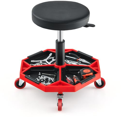 COSTWAY Sgabello da Officina con Ruote, con Ripiano per Attrezzi e Viti, Portata di 150 kg, Altezza Regolabile e Girevole, Sedia Meccanico per Garage, Officina (Rosso)