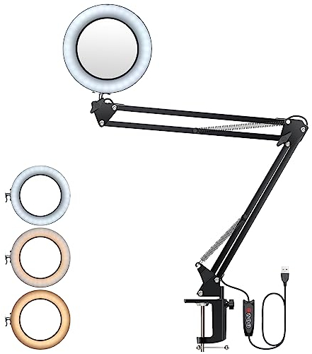 YGiTK Schreibtischlampen mit Schwenkarm 8X Vergrößerung Arbeitsplatzlampe 3 Farbmodi 10 Helligkeitsstufen Dimmbar Lupelampe mit Klemme Verstellbarer Lupe Lampe für Werkbänken (Armlänge: 74cm)