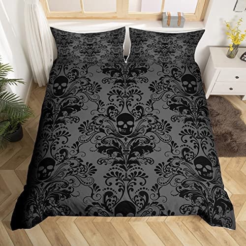 Adults Grey Black Damask Bedding Set Antique Victorian Baroque Duvet Cover Single Gothic Vintage Floral Bedding Exotic Sugar Skull Quilt Cover Single,Gothic Bone Skeleton Bohemian Decor,Gray