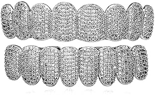 Mens Super Sparkly Gold Zahnspangen Grillz mit Iced Out Messing Zirkonia Halloween Cosplay Party Zahn Hip Hop Rapper Geschenk für Frauen Männer,Silber