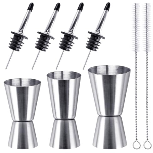 Bubuny 3 Pièces Doseur Cocktail, Double Tasse à Mesurer Doseur Alcool en Acier Inoxydable avec 4 becs verseurs et 2 brosses, Mesure Jigger pour Bar Maisons Fête Vin Gin Shaker 3cl 4cl 5cl 6cl