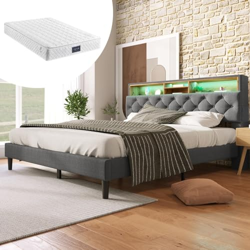 AMDXD Polsterbett Doppelbett Stauraum-Kopfteil Bett mit LED-Beleuchtung Bettgestell Lattenrost aus Holz, 140x200CM Grau (Mit Matratze)
