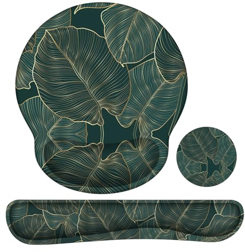 HAOCOO Mouse Pad Wrist Support Set, Ergonomic Mouse Pad with Non-Slip Base for Computer Home Office Decor, Easy Typing & Pain Relief Mouse Mat with Wrist Support, Green Leaves