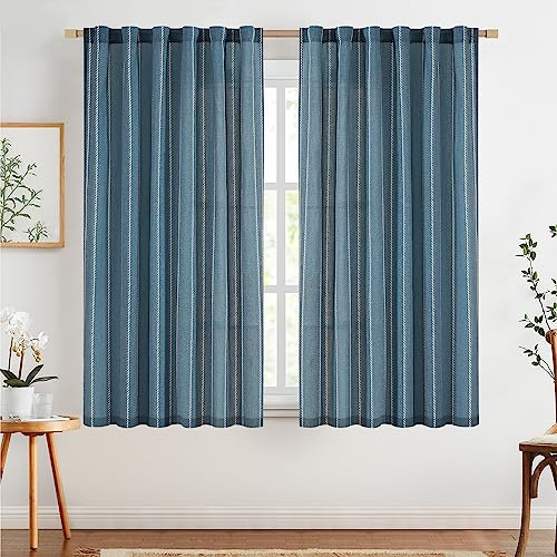 TOPICK Leinen Gardinen Gestreifte Vorhänge Streifen 2er Set H175xB140 Blau | Gardinen für Wohnzimmer Schlafzimmer Küche Leinen Gardinen mit Tunnelzug Landhausstil Moderne Halbtransparent Vorhänge