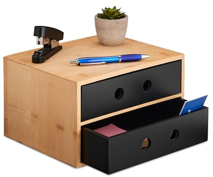 Relaxdays Organisateur Bureau, 2 tiroirs, Bambou & MDF, HxLxP : 15x25x20 cm, Rangement pour ustensiles, Nature - Noir