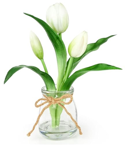 Lovmeety Tulips Artificial Flowers in Glass Vase with Faux Water, Real Touch White Tulips with Vase Floral Arrangement Table Centerpiece Decorations for Home Kitchen Office Wedding