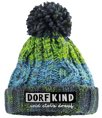 tshirtladen Dorfkind Kindermütze mit Bommel in Electric Grey - Kinder Wintermütze mit Statement Stick, weich, warm, gefüttert, ideal für Schulweg, Spielplatz, Urlaub und Outdoor Aktivitäten