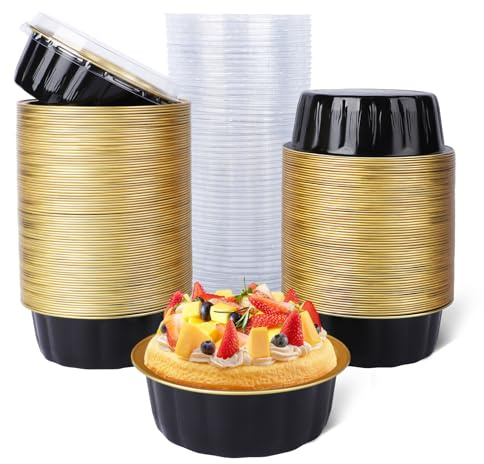 Beasea Creme Brulee Disposable Ramekins with Lids, 120 Pack 8 oz 4 Inch Mini Aluminum Foil Baking Cups Black Gold Small Round Cupcake Tart Pie Tins Pans Individual Containers Oven Safe for Baking