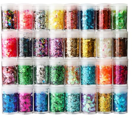 OKwhims 32 Farben Chunky Glitzer Set,Holographic Glitter Set,Bastelglitzer Klobige Pailletten,Glitzerpulver zum Basteln,Festival Dekoration,Nagelkunst,DIY,Masquerade