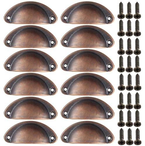 Beilala Kitchen Cabinet Cup Handles, 12 Pack Cupboard Cup Pulls Metal, Rustic Furniture Door Hardware Knobs with Screws for Chest of Drawers Dresser Wardrobe, Copper