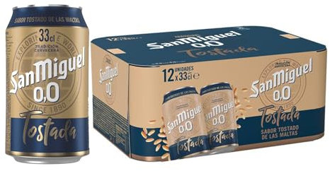 San Miguel 0,0 Tostada, Pack 12 Latas de 33cl, Cerveza Sin Alcohol, Sabor Intenso y Tostado, Cerveza Ligera y Refrescante, Cerveza 0,0% Alcohol
