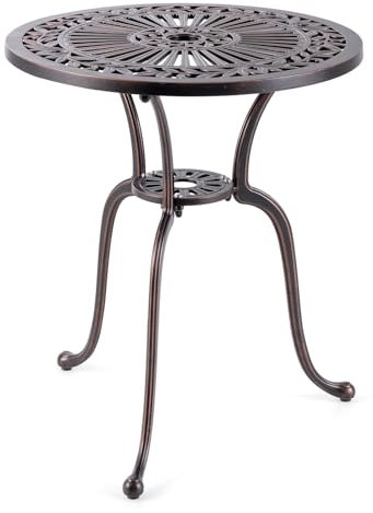 GOPLUS TableBalcon en Aluminium Moulé, Table Jardin Exterieur Ronde Φ61 x 71 cm avec Trou pour Parasol, Motifs Rétro,pour Cour, Jardin, Charge 40 KG