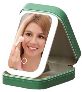 Portable Trousse de Maquillage avec Miroir LED Maquillage, Trousse Maquillage Femme avec Compartiments, 3 Modes d'éclairage, Boite a Bijoux Voyage Makeup Bag (Vert)