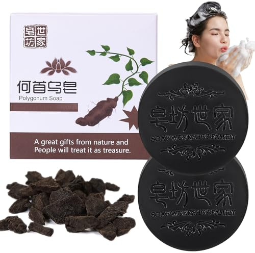 Polygonum Multiflorum Shampoo Seife 2 Stück, Natürliche Haarpflege für Schwarzes & Dickes Haar, Anti-Haarausfall, Fördert Haarwachstum, He Shou Wu Haarseife, Geeignet für Männer und Frauen