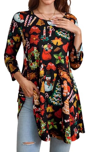 Enmain Women's Christmas Tunic Top 3/4 Sleeve Black Tunics Tops for Women UK Plus Size Round Neck Ladies Longline Swing T-Shirt Casual Xmas Pattern Blouse T Shirts for Festive Holiday XL