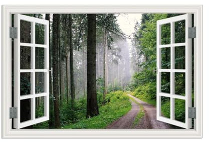 MOBYAT Quadro su tela Finestra con Vista,Sentiero nel bosco con abeti,Quadro Finestra Paesaggio Montagna,Quadri Finestra Effetto 3D 90x60cm(35x24in) Senza cornice