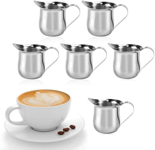 LATRAT Lot de 6 pots à lait en acier inoxydable de 90 ml - Petits pichets pour crème à café, crème - En acier inoxydable - Avec poignée pour café au lait, crème, sauce, salade et épices