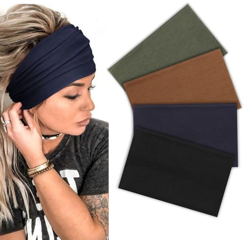DRESHOW Bandeau Cheveux Femme Sport Large pour Yoga Élastique Bandeau de Cheveux Antidérapant Bandeaux de Sports Running Exercice Serre Tête pour Filles 4 Pièces