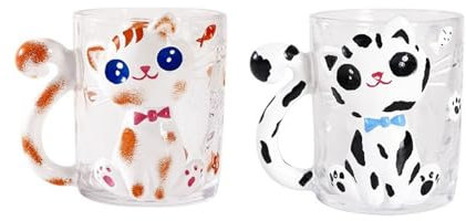 2 Tazza Gatto Vetro 300 ml Rilievo 3d Tazzine Vetro Caffe (Arancione, Nero)