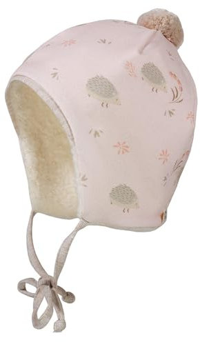 maximo GOTS Baby-Mütze, Jersey bedr. Bindeband, Pompon, Teddyfutter Made in Germany 43 blassrosa-Igel