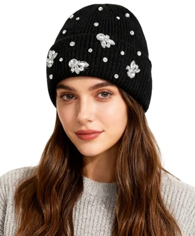 BOLLEY JOSS Damen-Wintermütze, glitzernde Kristall-Strass-Bündchen, Strickmütze