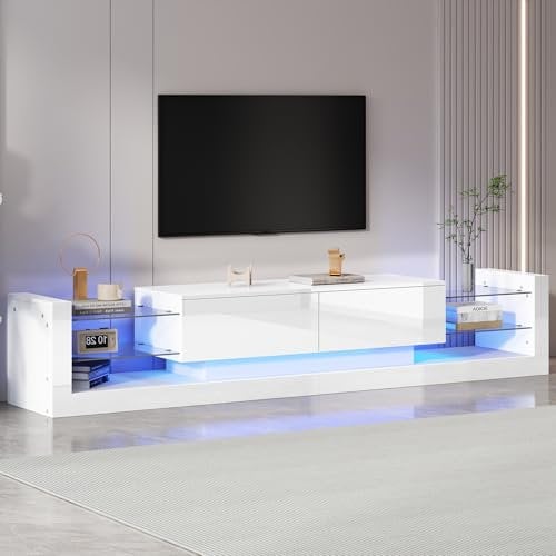Jaxenor 181cm Led TV Schrank mit 2 Klappbare Schubladen, Moderner Fernsehschrank für 80 Zoll TV, TV Lowboard TV Bank TV Tisch TV Kommode TV MöBel TV Table TV Cabinet 16 Farbige, Weiß