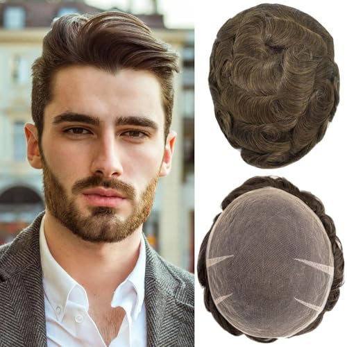 Ehairc Haar System für Männer Voll Schweizer Spitze Toupet für Männer 100% Echthaar Atmungsaktiv Herren Toupet Haaransatz Bleichen Knoten Natürliche 90% Dichte Herren 8X10“(#5)