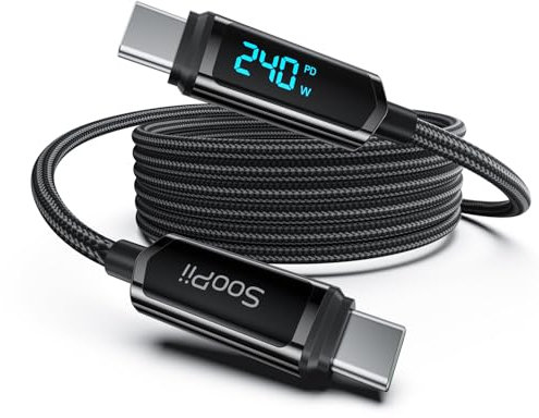 SOOPII Cable USB C a USB C [2m], cableUSB C de 240 W, cable de carga rápida tipo C trenzado de nailon con pantalla LED para iPhone 16/15 Pro Max, Galaxy S25/S24, iPad, portátil, Negro