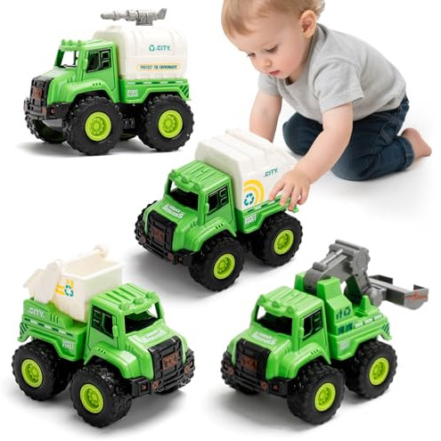 YGNNXRN 4er Set Müllwagen Spielzeug ab 2+ Jahre – Push and Go Fahrzeuge mit Müllauto, Reinigungswagen, Recycling-LKW & Wasserwagen – Spielzeug Autos für Jungen & Mädchen ab 2 3 4 5 Jahre