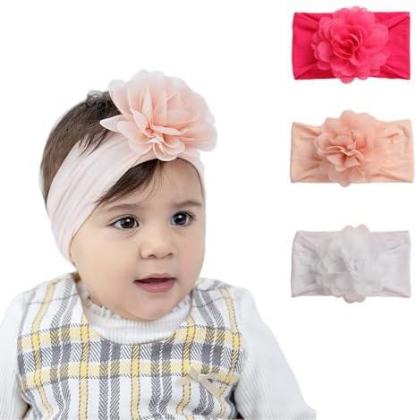 3 Stück Baby Mädchen Turban Kopfbänder Nylon Kopfbänder Baby Bow Kopfband, weiche Blumen Kopfbekleidung elastische Haarbänder für Neugeborene Kleinkinder,Flower RD/BE/WH