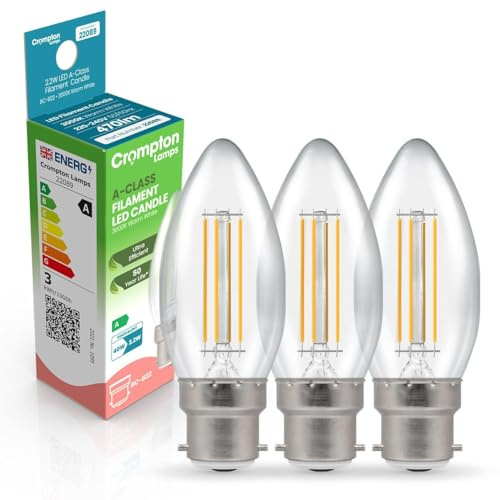 Crompton Lamps LED Ultra-Efficient Candle 2.2W BC-B22d A-Class (3 Pack) (40W Equivalent) 3000K Warm White Clear 470lm BC Bayonet B22 Energy Efficient Filament A-Rated Multipack Light Bulbs