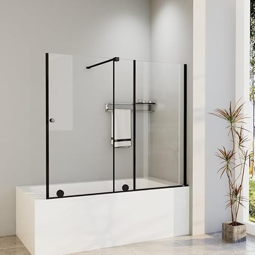WDWRITTI Duschwand für Badewanne 115x140cm Schiebetür Badewannenaufsatz | Badewannenwand Duschtrennwand, Schiebetüren Breite von 70 bis 115 cm, 6mm ESG Sicherheitsglas, Duschabtrennung in Schwarz Alu