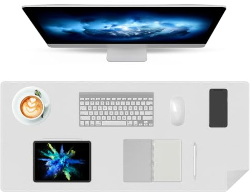 Voarge Schreibtischunterlage, Mauspad mit Leder und Rutchfeste Wildleder, wasserfeste Laptop Tischunterlage, Multifunktionales Mousepad Laptop Schreibunterlage für Büro und Zuhause, 80x40cm, Weiß