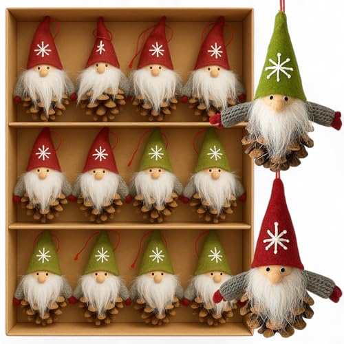 MIJOMA 12er Set Weihnachtswichtel – Handgemachter Baumschmuck aus Holz & Stoff – Deko-Wichtel für Tannenbaum Adventskranz Geschenkanhänger (Zapfenwichtel mit Bart)