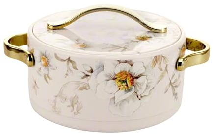 Reldor Insulated Stainless Steel Casserole Hotpot with Lid – BPA Free, Food Grade, Easy Carry Handles – Hot Pot for Kitchen, Roti Box – 2500ml, White Floral Design