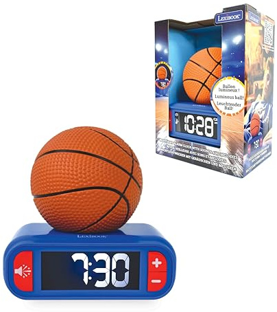 Lexibook, Basketball Nachtlicht-Wecker, RL800BALXB | Klänge und Melodien, LCD-Display mit Hintergrundbeleuchtung, Leuchtend, Schlummerfunktion, Blau/Orange