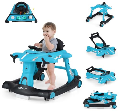 COSTWAY 6 in 1 Lauflernhilfe, Lauflernwagen klappbar mit verstellbarer Höhe & Geschwindigkeit, Baby Walker Flugzeugmotiv mit abnehmbarer Spieluhr & Esstablett, Gehfrei Baby ab 6 Monaten (Blau)