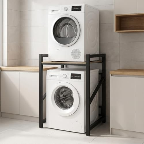 fiakoais Washer Dryer Stand Stacking Kit, Tumble Dryer Stacking Kit with Sliding Shelf Countertop, Space Saving, 200KG Load Capacity, Washing Machine Storage Unit for Laundry Room (White) (Black)