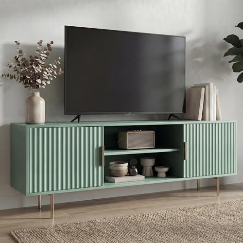 Blisswood 140cm TV Stand Cabinet, Modern Fluted TV Unit for 43–55 Inch TVs, Cupboards & Storage with Open Shelf & Metallic Pull Handles, Tv Cabinet for Living Room Bedroom, Sage Green