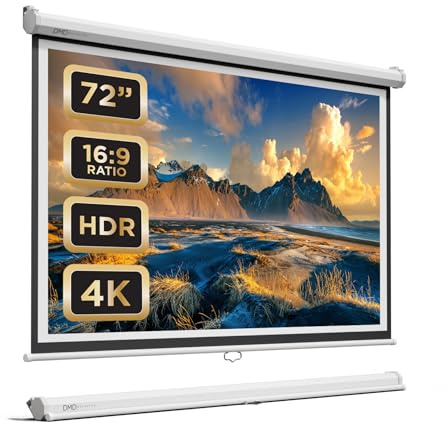 DMD Collective - 72 Inch Manual Projector Screen Pull Down, Wall Mounted | HD Projection Screen for Home Cinema, Office, School & Classroom Presentations, Retractable Movie Screen