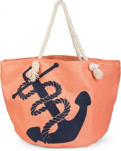 styleBREAKER Strandtasche in Flechtoptik mit Anker Print und Reißverschluss, Shopper, Badetasche, Damen 02012077, Farbe:Apricot-Blau