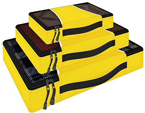 Vinsani 3pc Packing Cubes Travel Organiser Set for Suitcase, Yellow | Lightweight, Travelling Essentials Luggage Storage Compression Bags for Multi Toiletries & Clothes