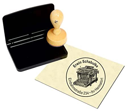 Stempel mit Kissen Retro Schreibmaschine - mit persönlicher Adresse und Motiv Ø 40 mm