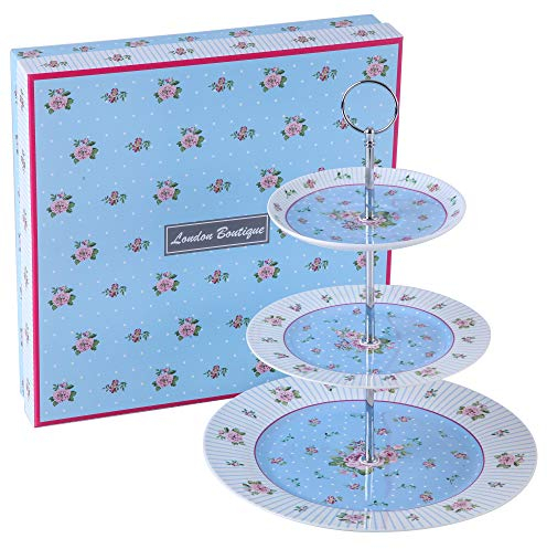 Kuchenstand 3 gestuft Etagen Porzellan Vintage Victoria Blumenprint Rose in Geschenkbox, Porzellan, blau, 22x26
