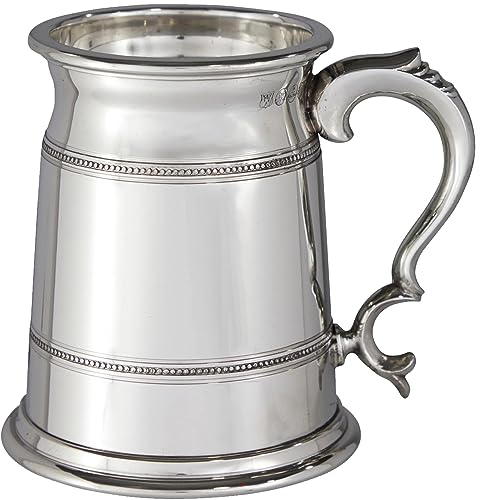 I LUV LTD Zinn Krug Extra Schwer 1 Pint Old London Perlen-Rändelringe Rein Schwer Messgerät Bier Krug Perfekt zum Gravieren Personalisierte Geschenke für Männer und Frauen