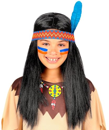 W WIDMANN MILANO Party Fashion - Kinderperücke Indianer | Schwarzes Kunsthaar mit Stirnband und Feder, Kostümzubehör für Karneval, Halloween und Mottoparty