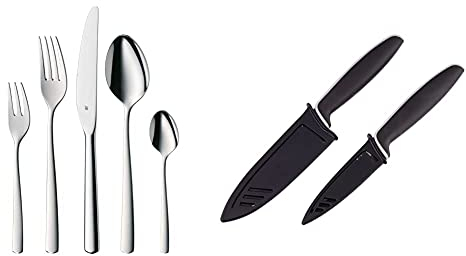 WMF Boston Edelstahl Besteck Set 6 Personen, Essbesteck Set 30 teilig, Monobloc-Messer & Touch Messerset 2-teilig, Küchenmesser mit Schutzhülle, Spezialklingenstahl antihaftbeschichtet, schwarz
