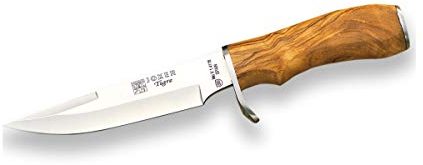 Joker Cuchillo de caza Tigre CO38, hoja MOVA de 14,5 cm, puño de olivo, funda de cuero marrón, herramienta de pesca, caza, camping y senderismo