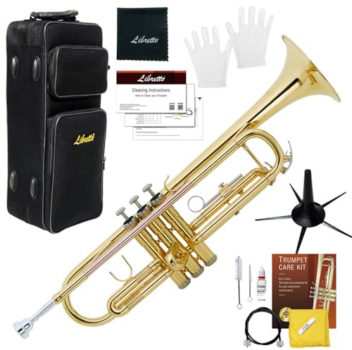 Libretto Gold Lacquer Bb Trumpet Set, Rose Brass Leadpipe, Standard for Beginner & Intermediate Students, Stainless Valve, 7C Mouthpiece, Durable Case, Portable Stand & Maintenance Kit w/Instructions