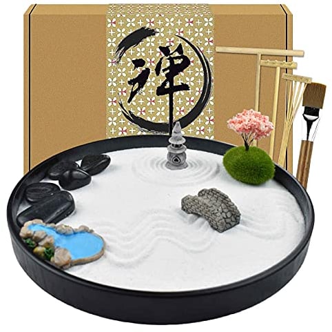 Artcome Japanese Zen Sand Garden for Desk with Rake, Stand, Rocks and Mini Furnishing Articles - Office Table Accessories, Mini Zen Sand Garden Kit - Meditation Gifts